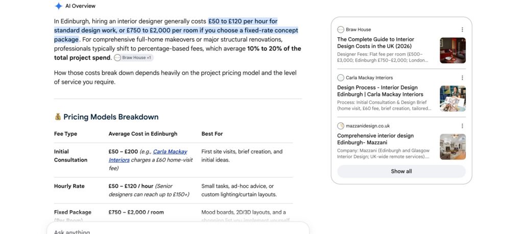 Screenshot of AI results in Google for an interior design search