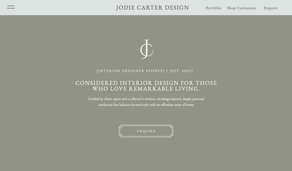 Interior designer Jodie Carter's homepage messaging